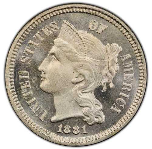 1881 年 3 セント ニッケル - PCGS PR65 - 見事なカメオの外観!|WORLD RESOURCE【QUEEN店】