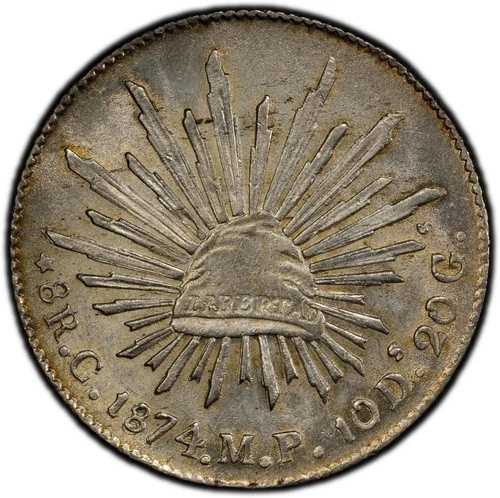 メキシコ:レプブリ・8・レアル 1874-C MP、クリアカン造幣局、PCGS AU-58!光沢のあるPQコイン!|WORLD RESOURCE【QUEEN店】