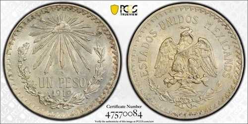 メキシコ エスタドス ウニドス 1919 1 ペソ シルバー コイン、PCGS 認定未流通 MS62｜WORLD RESOURCE【QUEEN店】