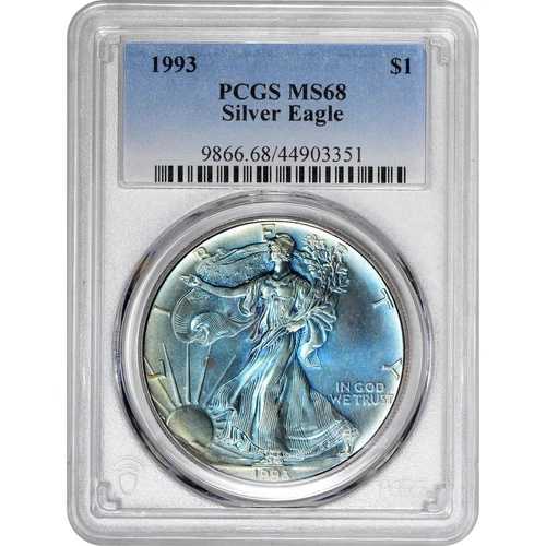 MS68 1993年 アメリカンシルバーイーグル PCGS 美しいブルー/イエロートーン *2908|WORLD RESOURCE【QUEEN店】
