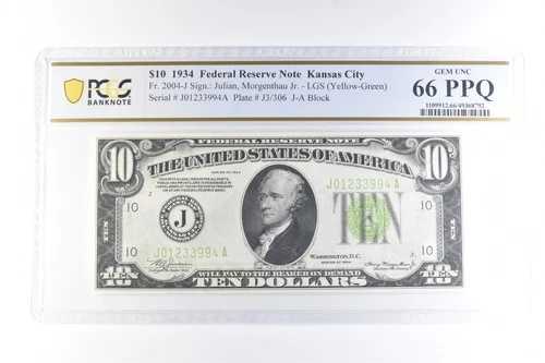 1934年 10ドル カンザスシティ FRN Fr#2004-J ジェム アンク 66 PPQ PCGS *6075|WORLD RESOURCE【QUEEN店】