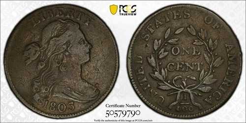 1803年 ドレープバスト ラージセント 1セント S249 B7 1/100 1/000以上 PCGS F12 送料無料｜WORLD RESOURCE【QUEEN店】