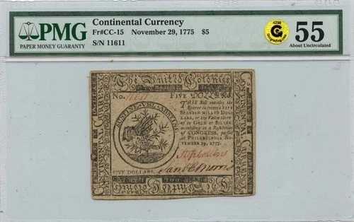 1775年11月29日、5ドル大陸通貨FR#CC-15 PMG AU55 GCCゴールド