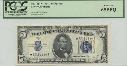 1934年製 $5 シルバー 鑑定書 FR#1654* PCGS 65 Gem New PPQ Star Narrow