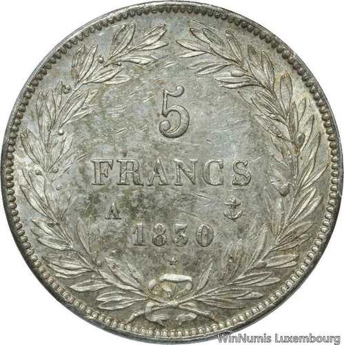 V5443 希少 5フラン ルイ・フィリップ 1830 A パリ シルバー トレリーフ PCGS AU58 SUP-