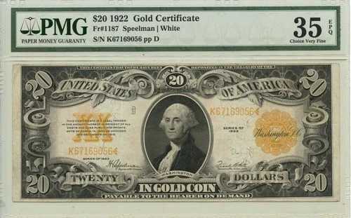 1922年 20ドル金券 Fr# 1187 PMG VF35 EPQ