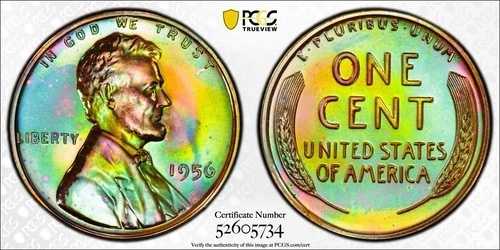 PR66BN 1956 1セント リンカーン ウィート プルーフ セント、PCGS トゥルービュー - モンスターグリーントーン