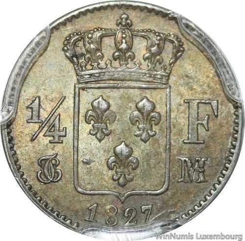 S7909 希少 1/4フラン シャルル10世 1827年 M トゥールーズ シルバー PCGS MS62 UNC-