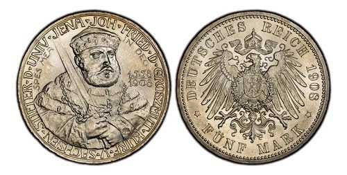 ドイツのSTザクセン・ワイマール・アイゼナハ。ヴィルヘルム・エルンスト。 1908 AR 5 マーク。 PCGS MS66。 J-161 213,950円
