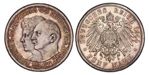 ドイツのザンクト・アンハルト・デッサウ。フリードリヒ２世。 1914-A AR 5 マーク。 PCGS MS65。 J-25