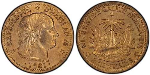 ハイチ 1881 AE 2サンチーム PCGS PR64RB パリ造幣局 ティアラヘッド / 国章 KM 43
