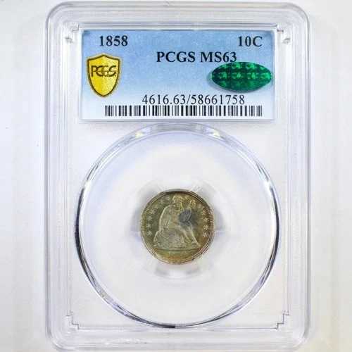 1858年 10セント PCGS/CAC MS63 - レインボートーン - リバティ・シーテッド・ダイム