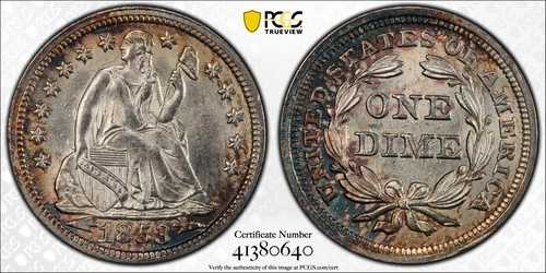 1853年 リバティ・シーテッド・ダイム PCGS MS-63 PQ カラー アローズ
