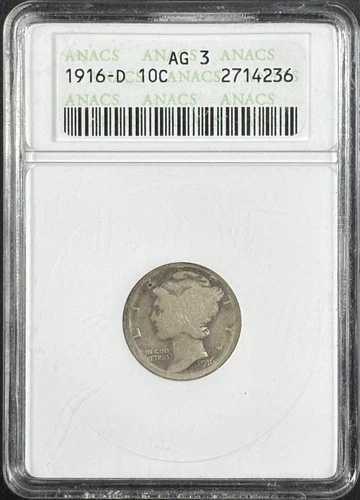 1916-D 10C マーキュリー ダイム - ANACS AG3 - 古い石鹸箱ホルダー!