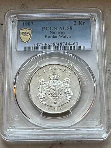 ノルウェー ノルウェー 2 クローネ 1907 ライフル Unc.ハーコン VII シルバー KM366 PCGS AU. 58-