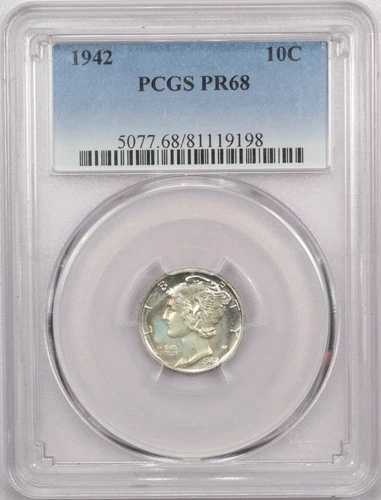 1942年 プルーフ マーキュリーダイム 10セント、PCGS PR68、ジェムコンディション、軽い変色