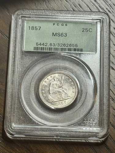1857年 P 着席リバティクォーター PCGS MS63 OGH 素晴らしいBU US 25セントタイプコイン (1307)