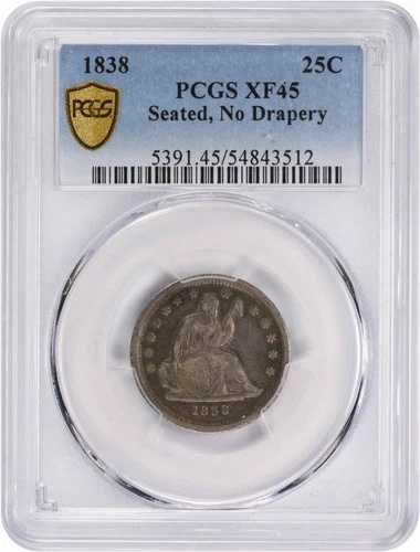 1838年 自由の女神像 銀貨 25セント ノードレープ EF45 PCGS 217,250円