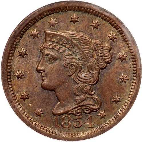 1854 N-3a R-1 PCGS MS 65 BN 編み込みヘア ラージセントコイン 1セント