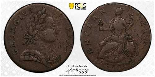 1778年 マチンズミルズ コロニアル銅貨 ハーフペニー - PCGS XF45