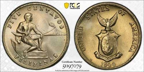 PCGS MS67 1944-S アメリカ フィリピン 5センターボ