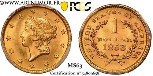 アメリカ - 1ドル「リバティヘッド」、1853年フィラデルフィア | PCGS MS63-