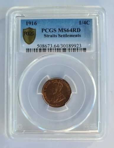 PCGS 1916 1/4 セント MS 64 RD ストレイツ セトルメント 新品同様 入手困難。!!!。