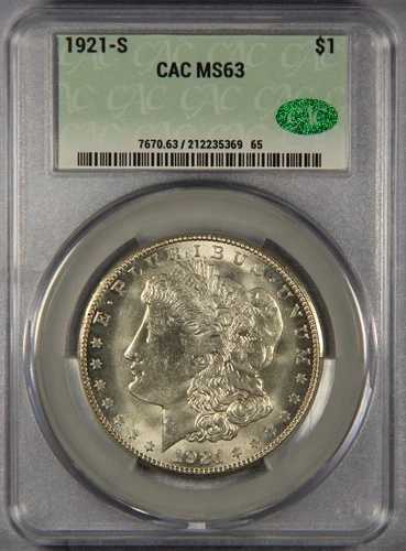 1921-S モルガン銀貨 CAC MS63 $1
