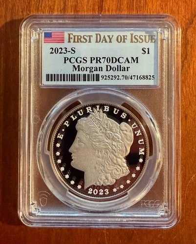 2023-S 1ドル モルガン プルーフ シルバー ドル、PCGS 認定 PR70-DCAM、FDOI、国旗ラベル