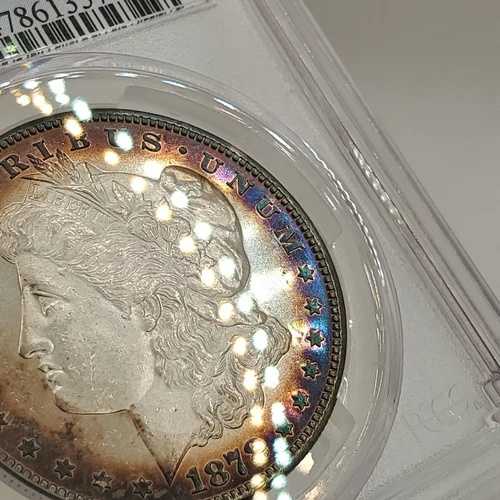 1878-S モルガン銀貨 PCGS 未使用品 詳細 ブルー/パープルトーン 表面リム
