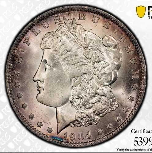 1904-O__MS 64__モルガン銀貨__パープル両面トナー__PCGS、コイン
