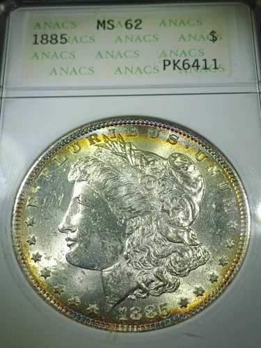 1885年モルガン・ダラー ANACS MS62 ソープボックスホルダー、第2世代アンコモン オールドホルダー クラッシュ