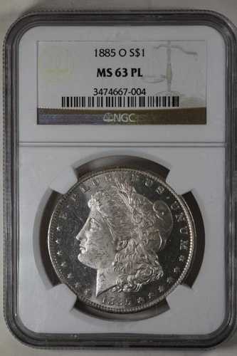 1885-O 1.00 NGC MS63 PL モルガン銀貨、ミス・リバティ・ヘッド