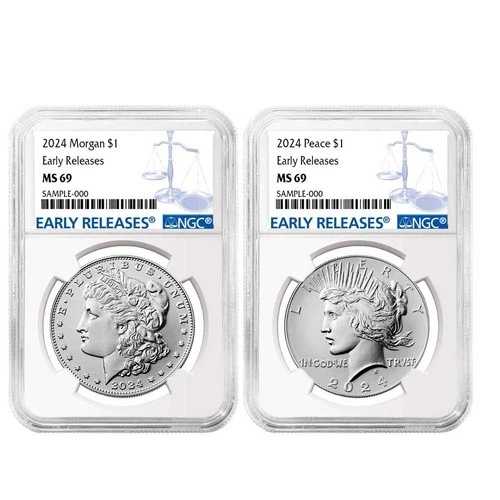 2024年 1ドル モルガン＆ピース銀貨 2枚セット NGC MS69 ER ブルーラベル