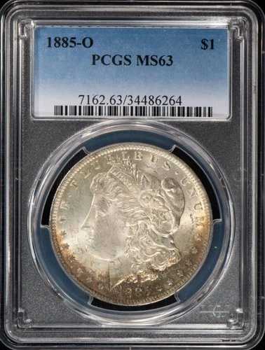 1885-O モルガン銀貨 MS63 表面三日月型 青から茶色