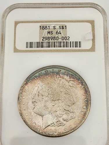1881-S MS 64 モルガン銀貨 NGC エッジトーン ブルー、グリーン、パープル、ゴールド