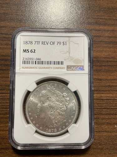 1878-P 7TF 1879年モルガン銀貨NGC MS 62 7つの尾羽根の裏面