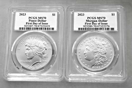 2023年 1ドル モルガン＆ピース銀貨 2枚セット PCGS MS70 FDOI 銀箔ラベル 71,390円