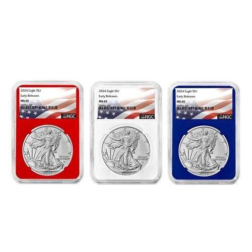 2024年 1ドル アメリカン シルバー イーグル 3点セット NGC MS69 ER 旗ラベル 赤 白 青｜WORLD RESOURCE【QUEEN店】