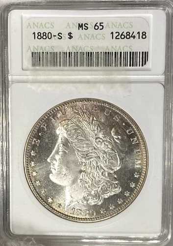 GEM BU 1880-S モルガン銀貨 ANACS MS65 PQ! ソープボックスホルダー SCFX
