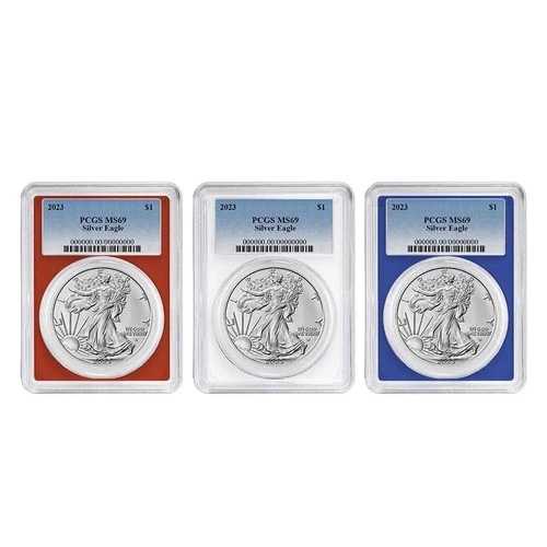 3点セット - 2023年 1ドル 1オンス アメリカン シルバー イーグル PCGS MS69 ブルーラベル レッド ホワイト ブルー