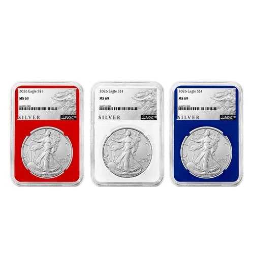 3点セット - 2026年 1ドル 1オンス アメリカンシルバーイーグル NGC MS69 ALSラベル レッド ホワイト ブルー