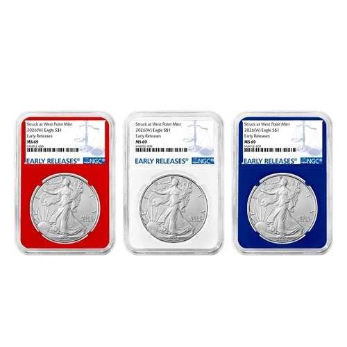 3点セット - 2026 (W) $1 1オンス アメリカン シルバー イーグル NGC MS69 ER ブルーラベル レッド