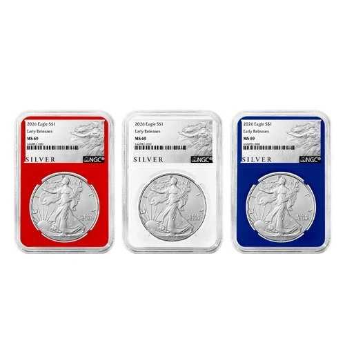 2026年 1ドル アメリカン シルバー イーグル 3枚セット NGC MS69 ER ALSラベル 赤 白 青