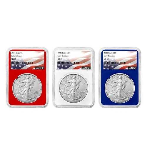 2026年 1ドル アメリカン シルバー イーグル 3点セット NGC MS69 ER 旗ラベル 赤 白 青