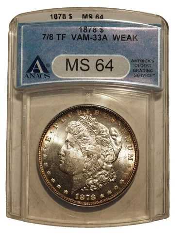 1878 **P** 7/8 モルガン銀貨 **ANACS MS64 ホワイト** 送料無料 349