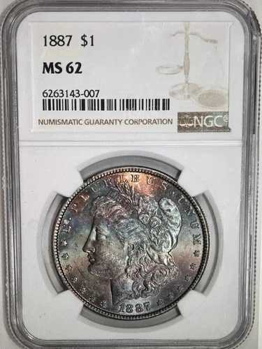 1887P トーンド モルガン $ NGC MS62????美しいマルチカラー レインボー 表面????ビデオ