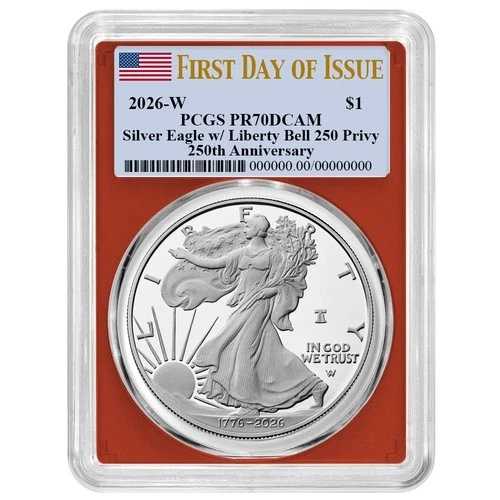 プレセール - 2026-W プルーフ $1 アメリカン シルバー イーグル PCGS PR70DCAM FDOI フラッグラベル