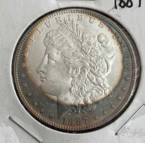 ワオ---1887年 ジェムBU 米国 モルガン シルバードル ブルズアイ トーニング 表面＆裏面