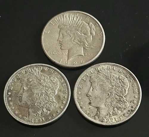 3枚の異なる日付の銀貨1ドル札1セット。モルガン＆ピース、1891年、1921年、1926年｜WORLD RESOURCE【QUEEN店】